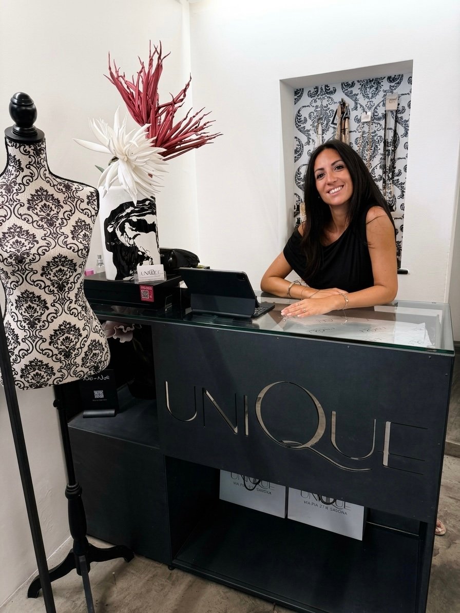 Il negozio 1 Sara dietro al bancone della boutique UNIQUE